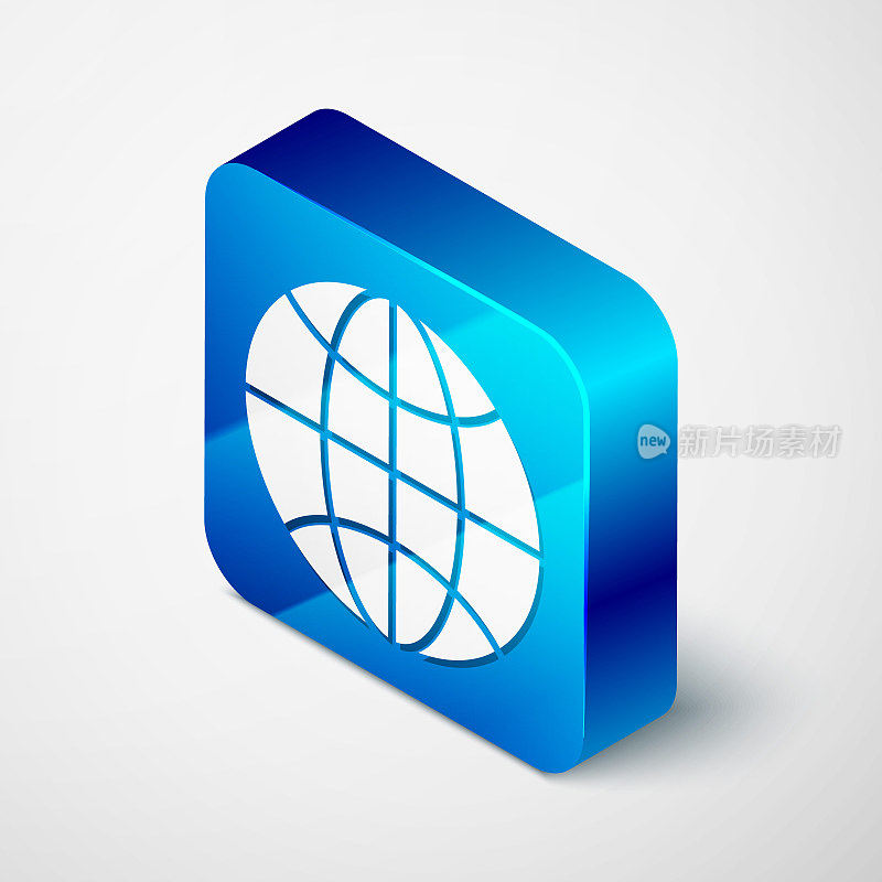 Isometric Worldwide icon isolated on grey background. Pin on globe. Blue square button. Vector Illustration